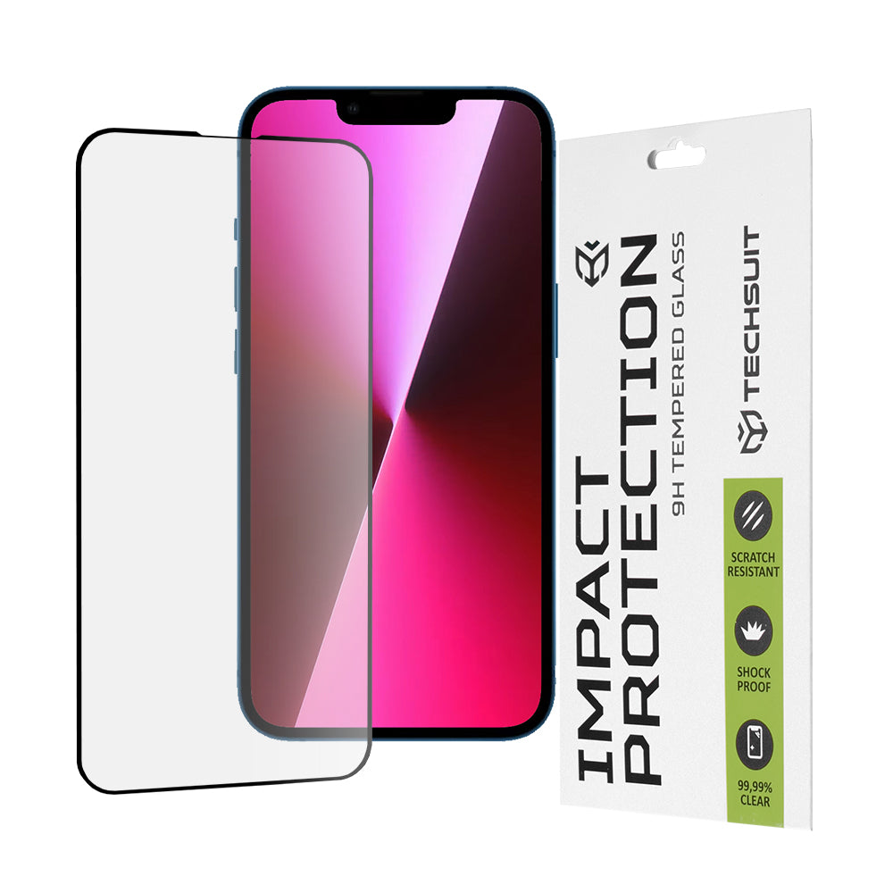 Techsuit M2 schermbeschermfolie voor Apple iPhone 17e / 16e / 14 / 13 Pro, gehard glas, full glue, 111D, zwart