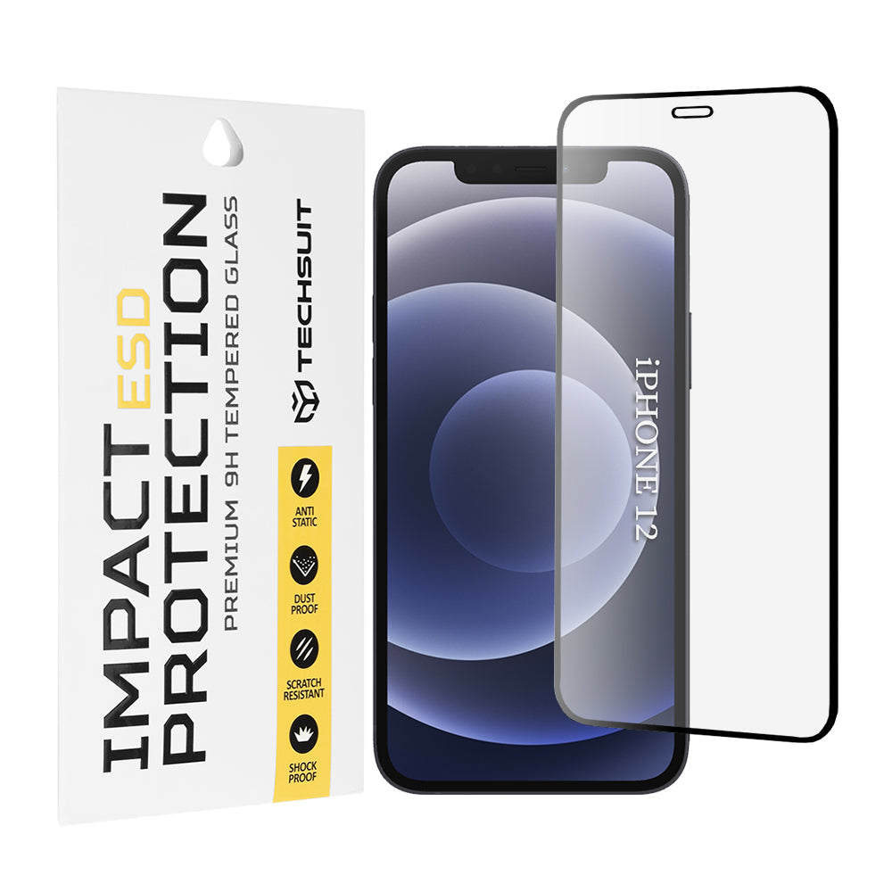 Techsuit schermbeschermfolie voor Apple iPhone 12 / 12 Pro, gehard glas, full glue, zwart