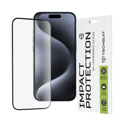 Techsuit schermbeschermfolie voor Apple iPhone 16 / 15 Pro, gehard glas, full glue, 111D, zwart