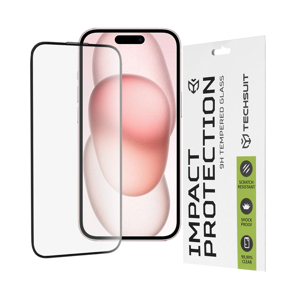 Techsuit schermbeschermfolie voor Apple iPhone 16 / 15, gehard glas, full glue, 111D, zwart