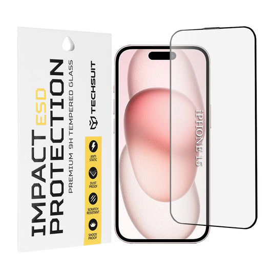Techsuit schermbeschermfolie voor Apple iPhone 16 / 15, gehard glas, volledige lijm, zwart
