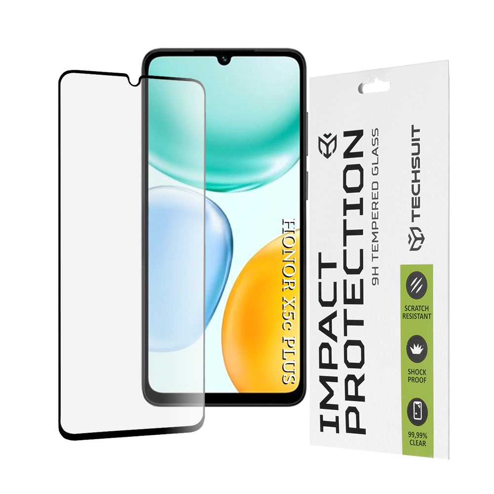 Beschermfolie Techsuit Scherm voor Honor X5c Plus, Gehard Glas, Volledige Lijm, 111D, Zwart