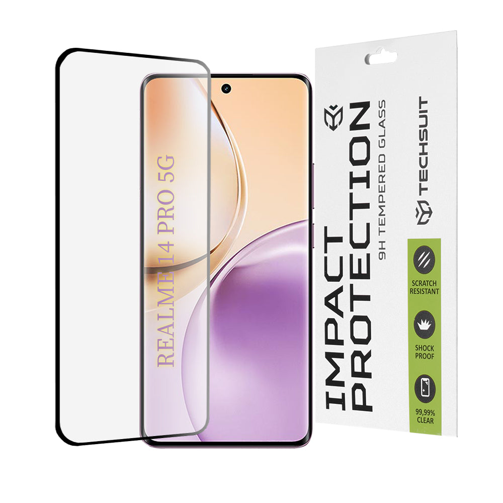 Techsuit schermbeschermfolie voor Realme 14 Pro, gehard glas, full glue, 111D, zwart