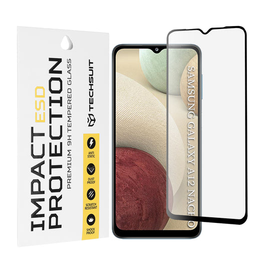 Techsuit schermbeschermfolie voor Samsung Galaxy F12 F127 / A12 Nacho A127 / M02 M022 / M12 M127, gehard glas, full glue, zwart