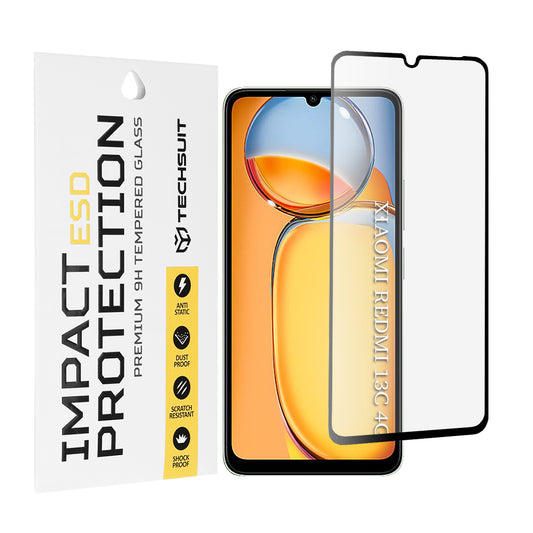 Techsuit schermbeschermfolie voor Xiaomi Redmi 13C 5G / 13C / Poco C65, gehard glas, full glue, zwart