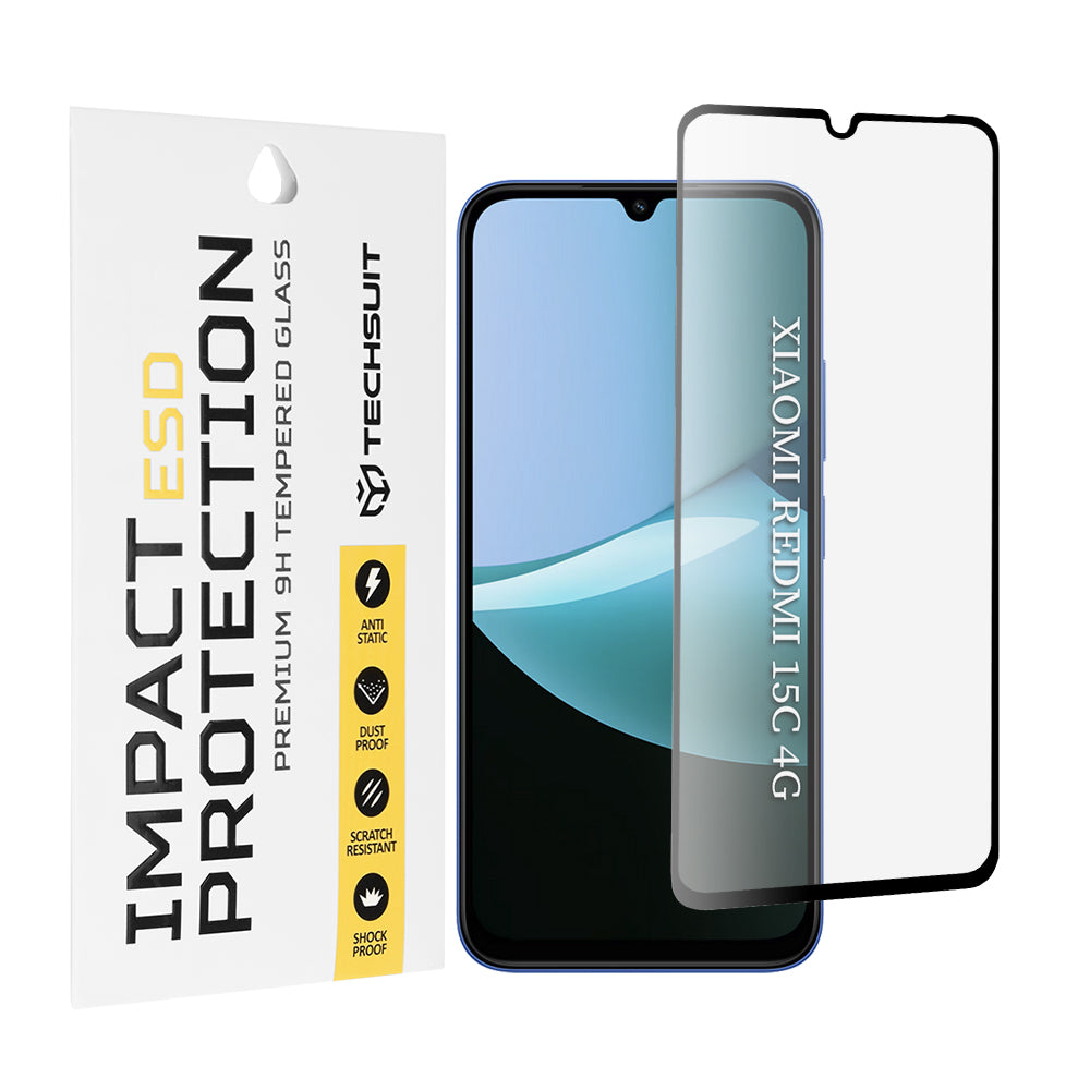 Techsuit schermbeschermfolie voor Xiaomi Redmi 15C 5G / 15C 4G, gehard glas, full glue, zwart