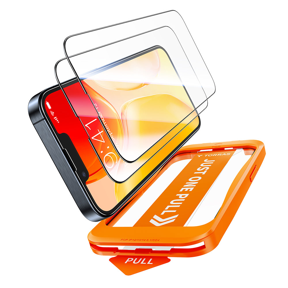 Torras GlassGo Install Master schermbeschermfolie voor Apple iPhone 17e / 16e / 14 / 13 Pro, gehard glas, volledige lijm, set van 2 stuks