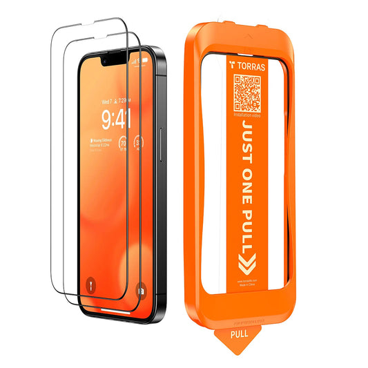 Torras GlassGo Install Master schermbeschermfolie voor Apple iPhone 17e / 16e / 14 / 13 Pro, gehard glas, volledige lijm, set van 2 stuks