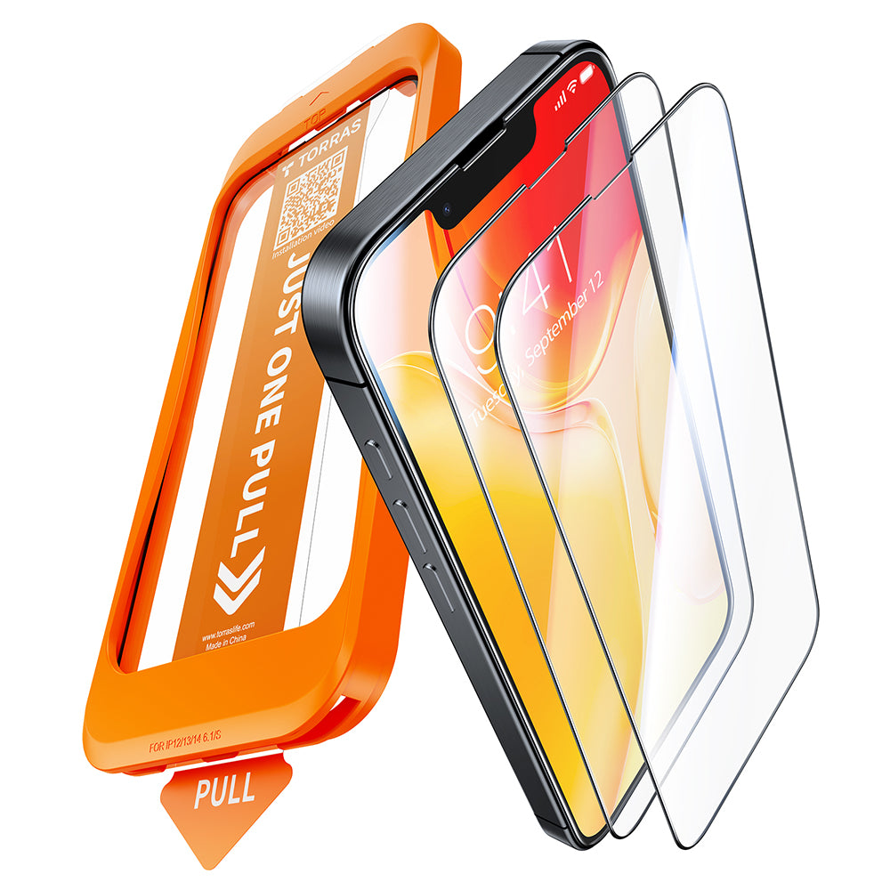 Torras GlassGo Install Master schermbeschermfolie voor Apple iPhone 17e / 16e / 14 / 13 Pro, gehard glas, volledige lijm, set van 2 stuks