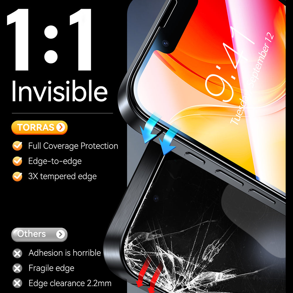 Torras GlassGo Install Master schermbeschermfolie voor Apple iPhone 17e / 16e / 14 / 13 Pro, gehard glas, volledige lijm, set van 2 stuks