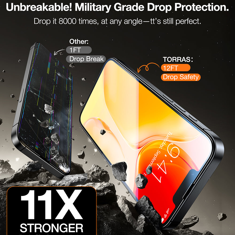 Torras GlassGo Install Master schermbeschermfolie voor Apple iPhone 17e / 16e / 14 / 13 Pro, gehard glas, volledige lijm, set van 2 stuks