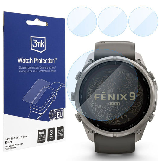 3MK FlexibleGlass Beschermfolie voor Garmin Fenix 9 Pro 51mm, Set van 3 stuks, Flexibel Glas