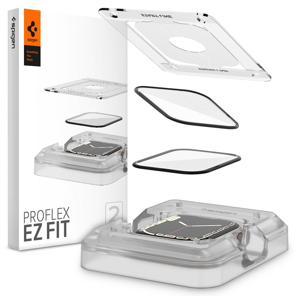 Spigen ProFlex EZ FIT Beschermfolie voor Apple Watch 9 / 8 / 7 45mm Series, Set van 2 stuks, Flexibel Glas, Zwart AFL04051