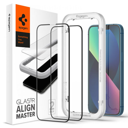 Beschermfolie Spigen GlastR Align Master voor Apple iPhone 16e / 14, Gehard Glas, Volledige Lijm, Set van 2 Stuks, Zwart AGL03387