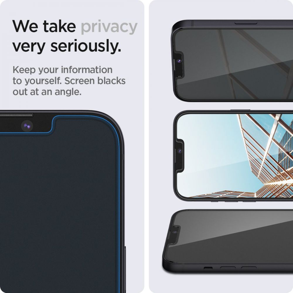 Privacy Screen Protector Spigen GlastR EZ FIT voor Apple iPhone 17e / 16e / 14 / 13 Pro, Gehard Glas, Volledige Lijm, Set van 2 stuks AGL03388