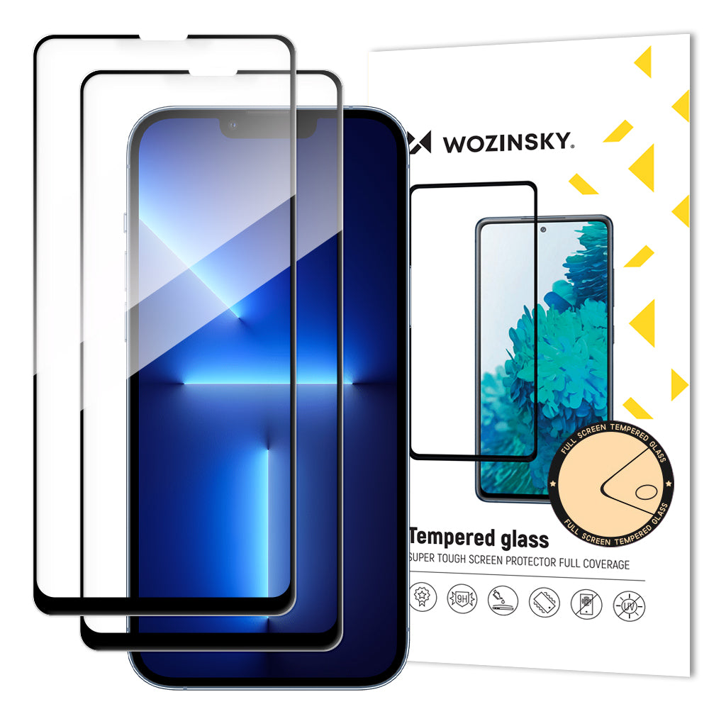 WZK Screen Protector voor Apple iPhone 13 Pro / 13, Glas Beschermd, Vol Lijm, Set 2 stuks, Zwart