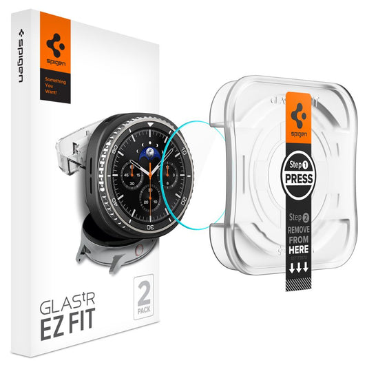 Spigen GlastR EZ FIT Beschermfolie voor Samsung Galaxy Watch8 Classic, Set van 2 stuks, Gehard Glas AGL09877