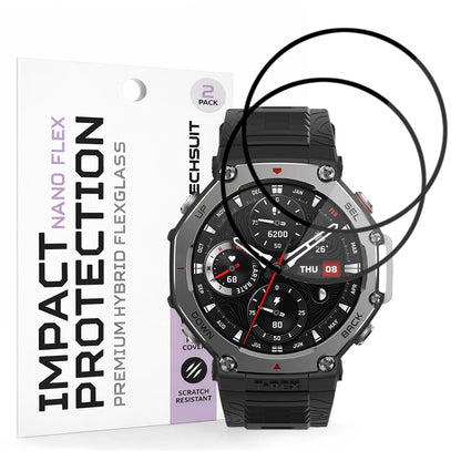 Techsuit Nano Flex Beschermfolie voor Amazfit T-Rex 3, Set van 2 stuks, Plastic, Zwart