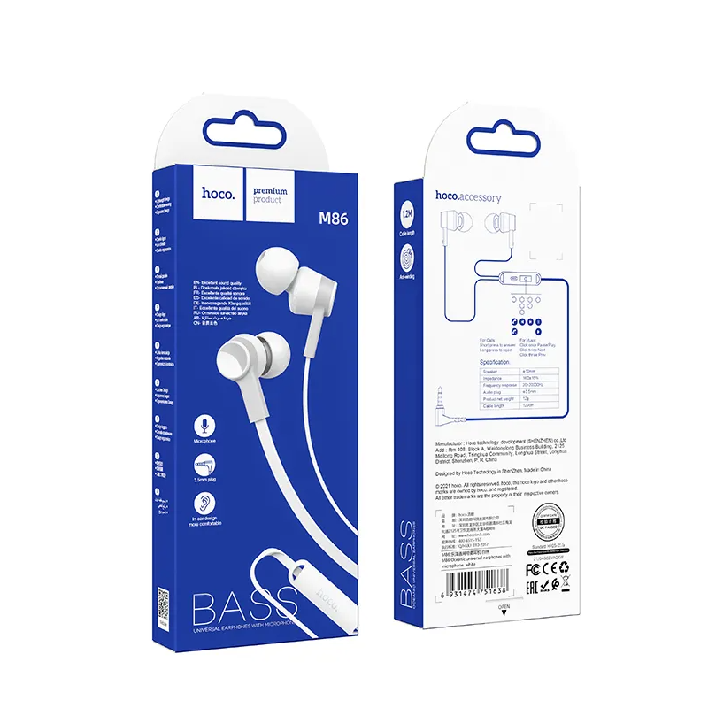 Handsfree 3.5mm HOCO M86, Wit