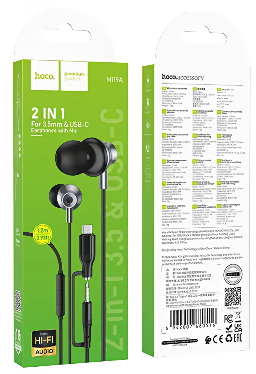 Handsfree 3.5mm / USB-C HOCO M119A, Zwart