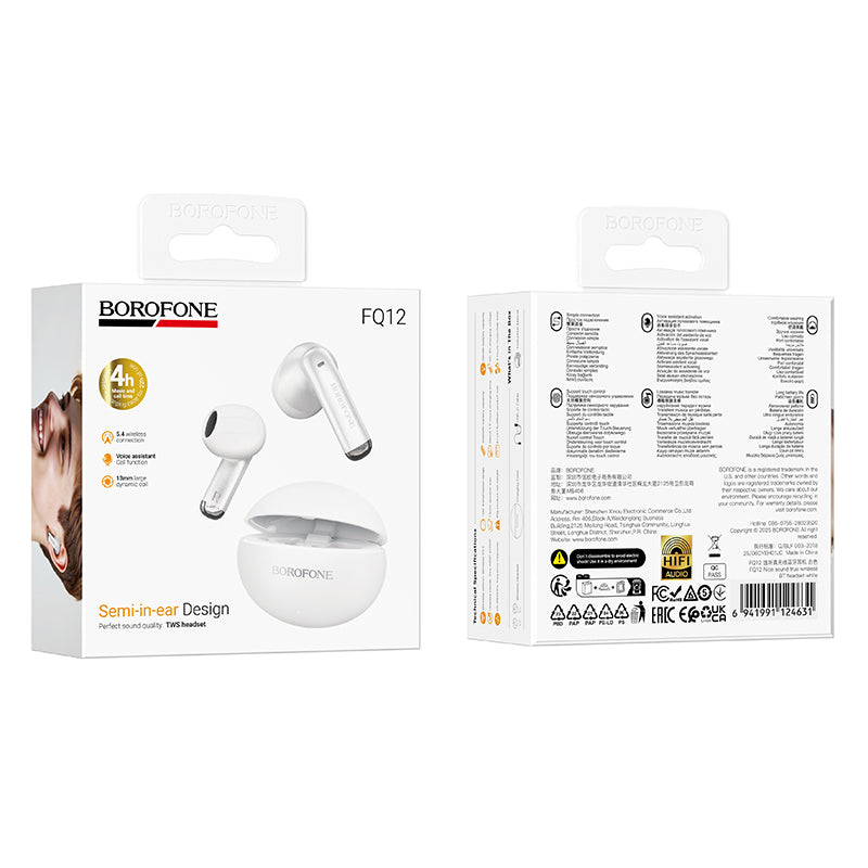 Handsfree Bluetooth Borofone FQ12 Nice, TWS, Wit