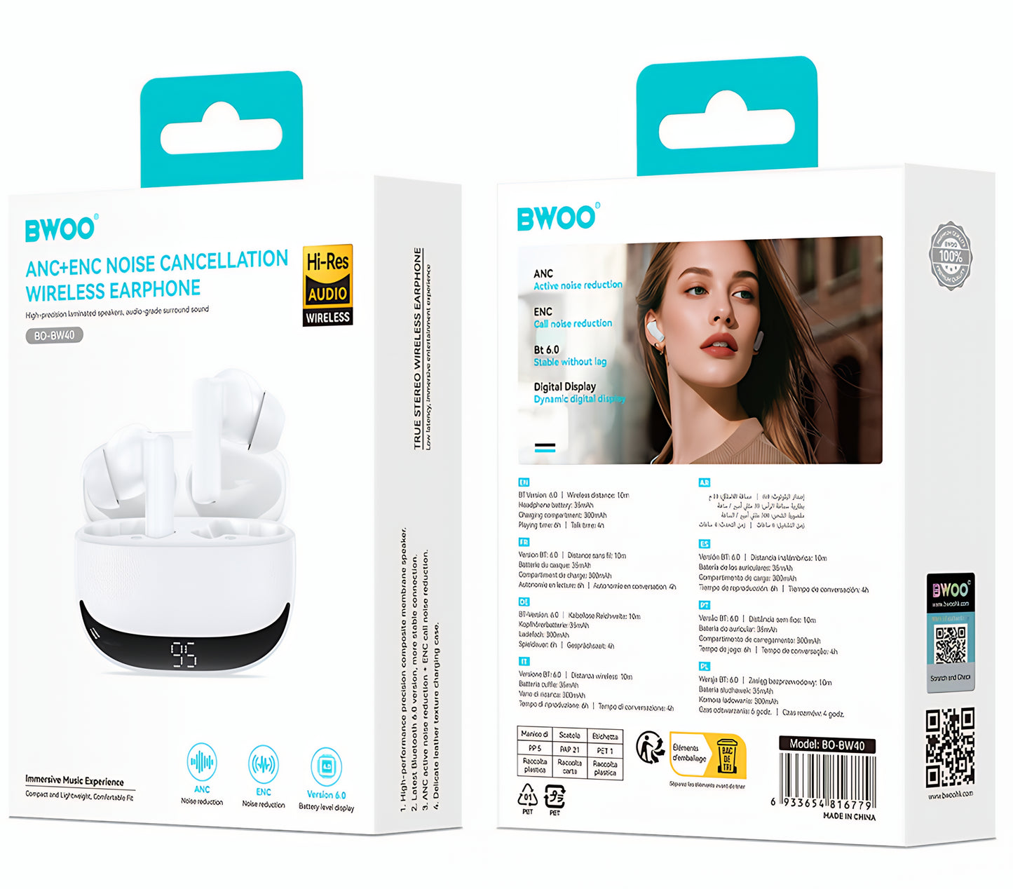 Bluetooth Handsfree BWOO BW40, TWS, ANC, Wit
