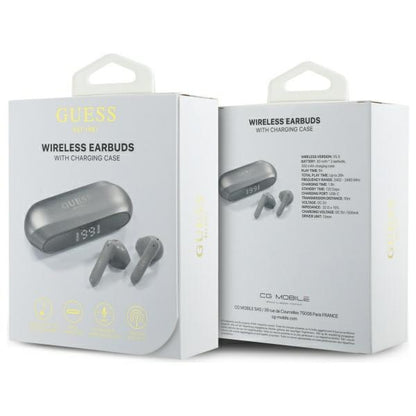 Handsfree Bluetooth Guess Verlengd Metallic Bedrukt Logo, TWS, Gri