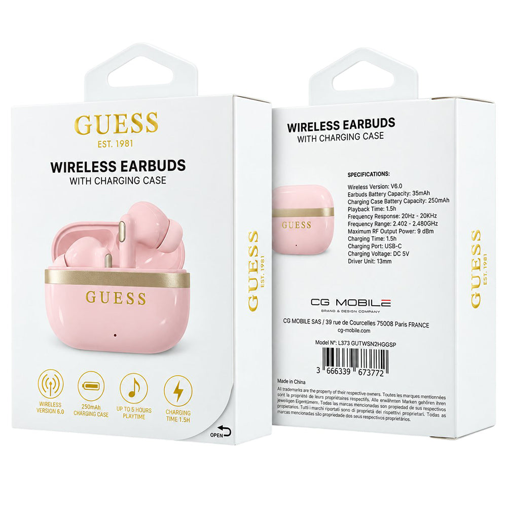 Handsfree Bluetooth Guess Glossy Gold Line Printed Classic Logo, TWS, Roze