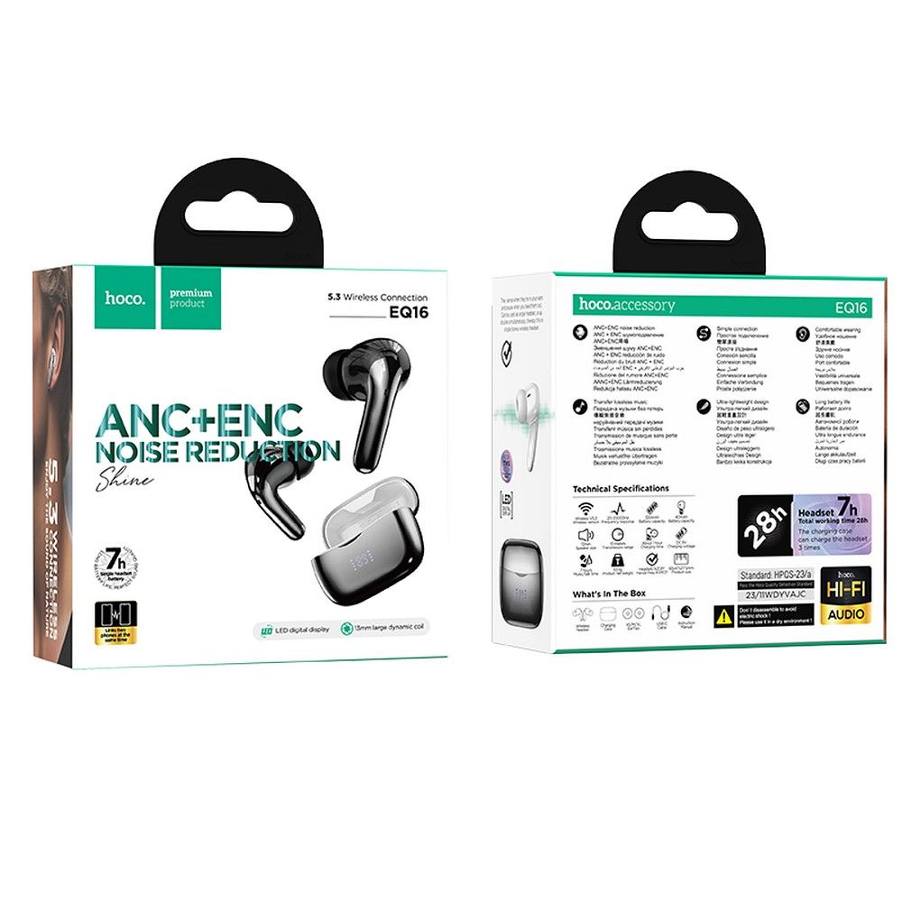Handsfree Bluetooth HOCO EQ16, TWS, ANC, Zwart
