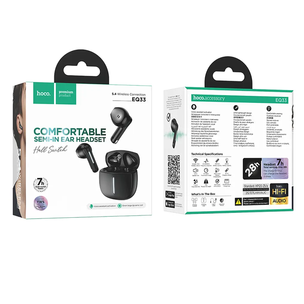 Handsfree Bluetooth HOCO EQ33, TWS, Zwart
