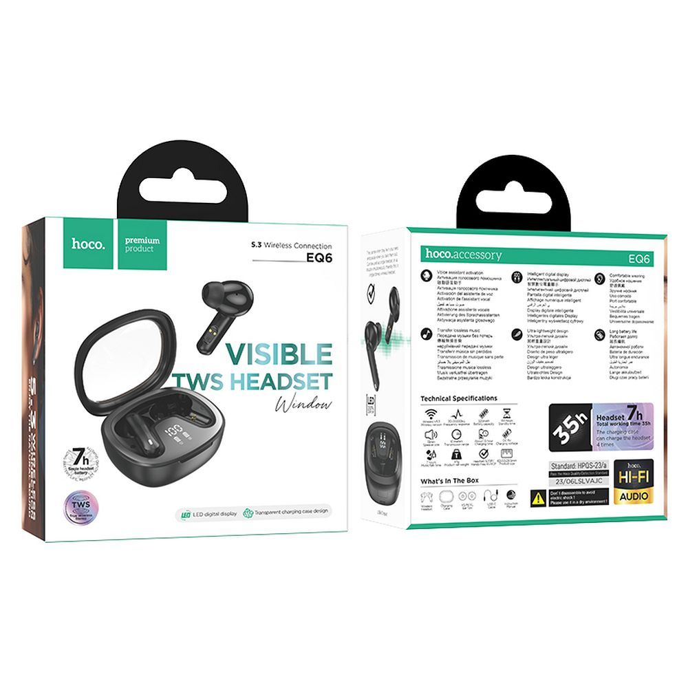Handsfree Bluetooth HOCO Shadow EQ6, TWS, Zwart 