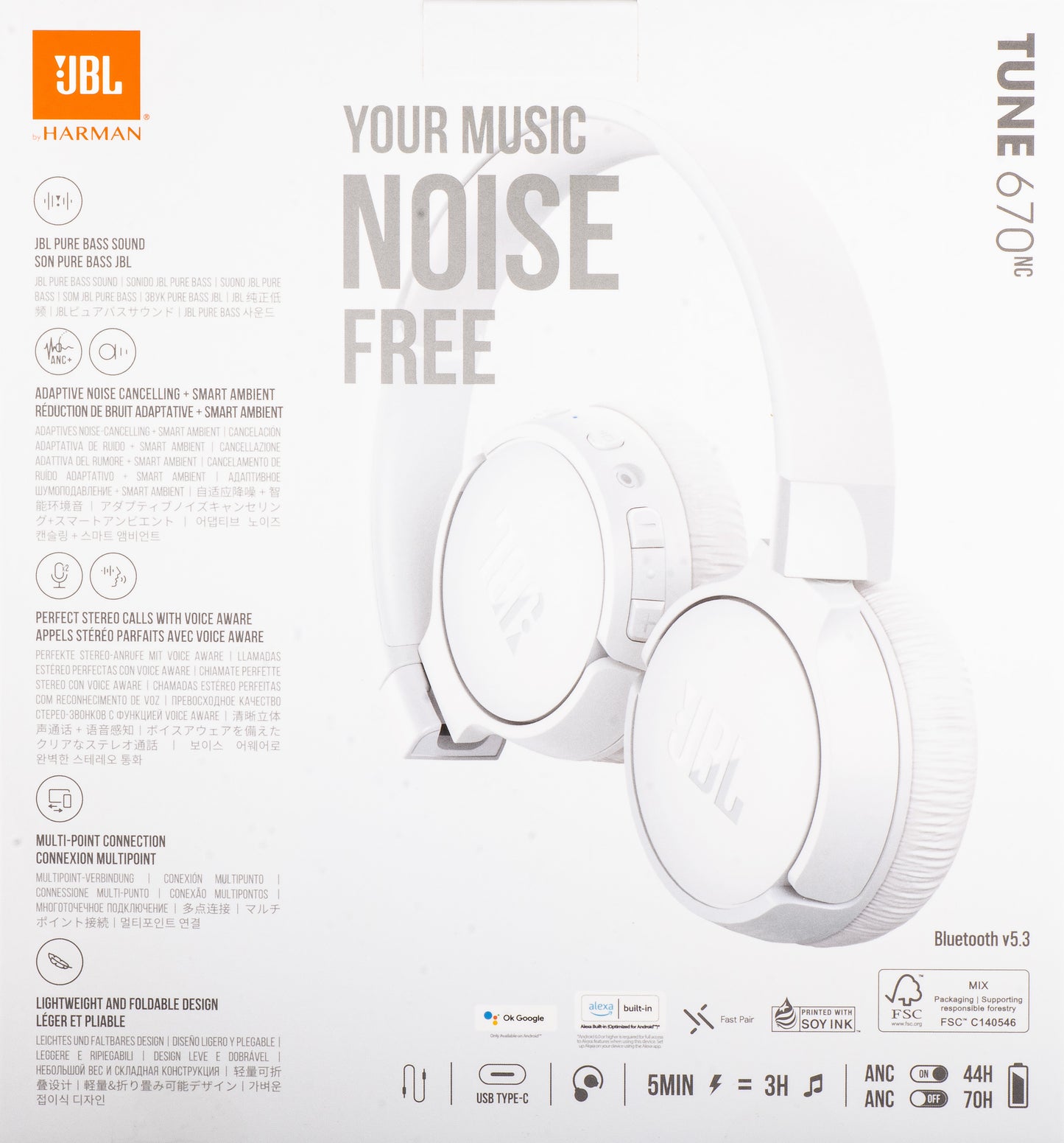 Handsfree Bluetooth JBL Tune 670NC, MultiPoint, A2DP, ANC, Wit JBLT670NCWHTAP