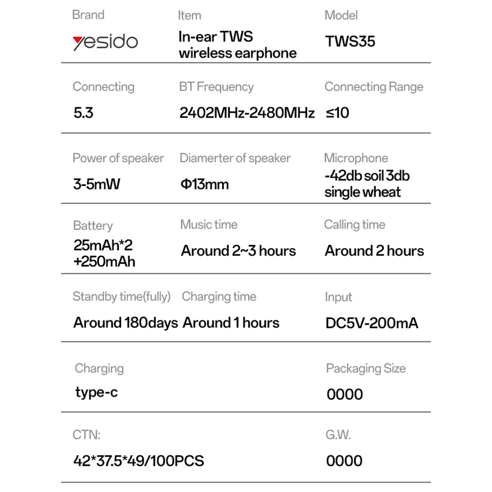 Handsfree Bluetooth Yesido TWS35, TWS, Wit
