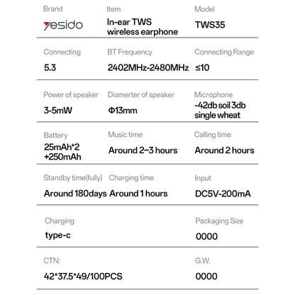 Handsfree Bluetooth Yesido TWS35, TWS, Wit