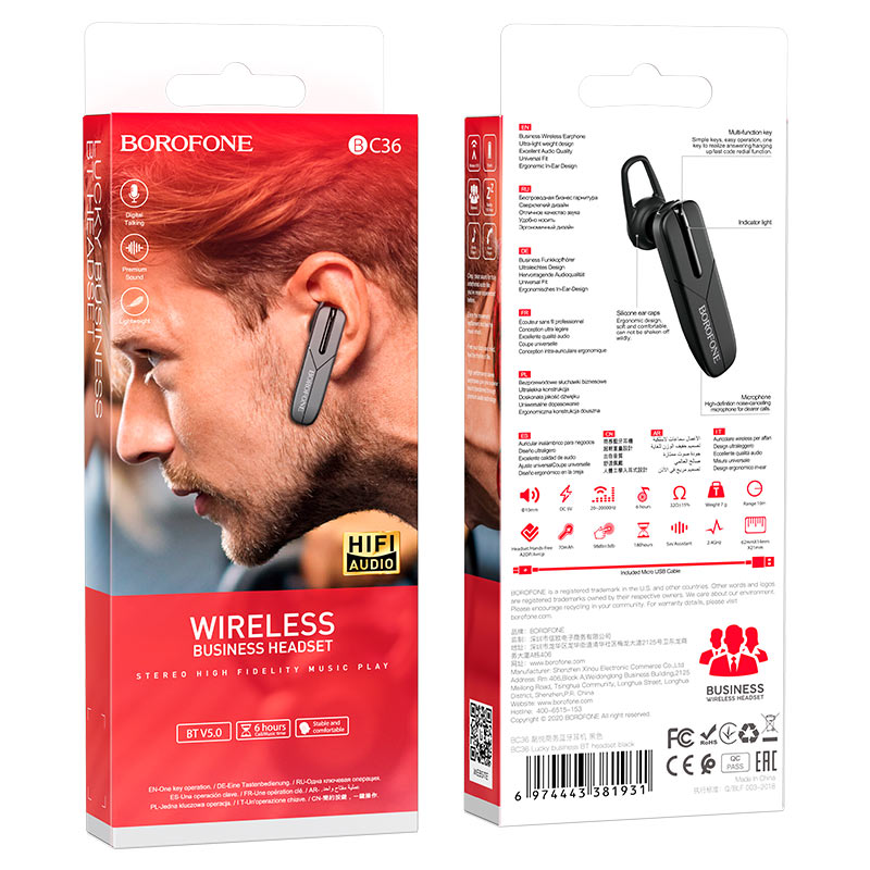 Handsfree Bluetooth Headset BC36 Lucky, A2DP, Zwart