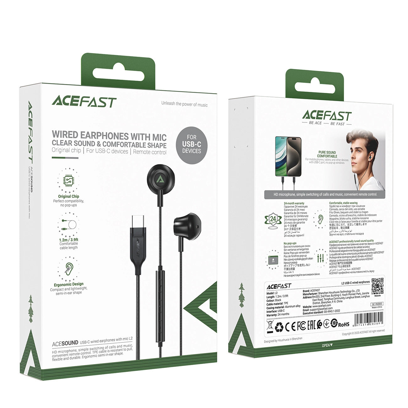 Handsfree USB-C Acefast L2, zwart 