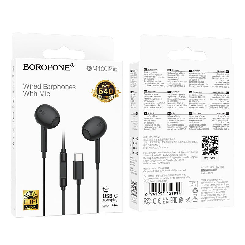 Handsfree USB-C Borofone BM100 Max Fuente, Zwart