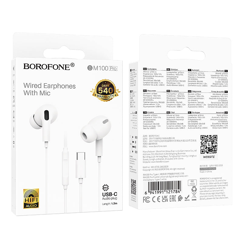 Handsfree USB-C Borofone BM100 Pro Fuente, Wit