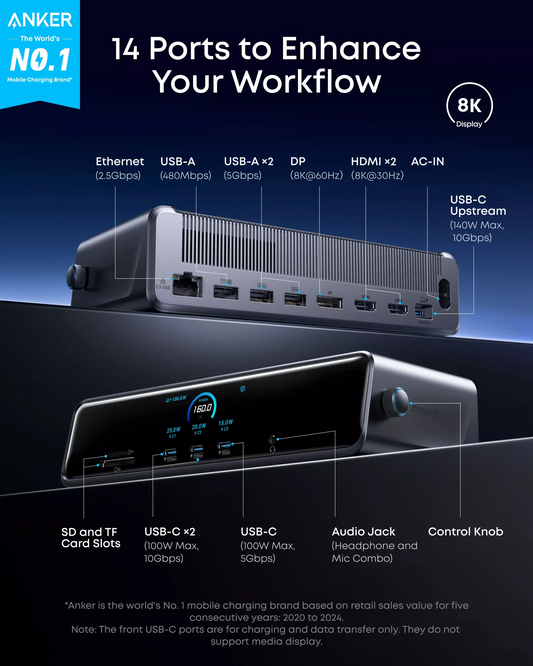 Anker Prime multifunctionele hub, 3 x USB-A - 4 x USB-C - 1 x Display Port - 2 x HDMI - 1 x 3,5 mm jack - 1 x RJ45 - 1 x SD - 1 x microSD, Grijs A83B33A1