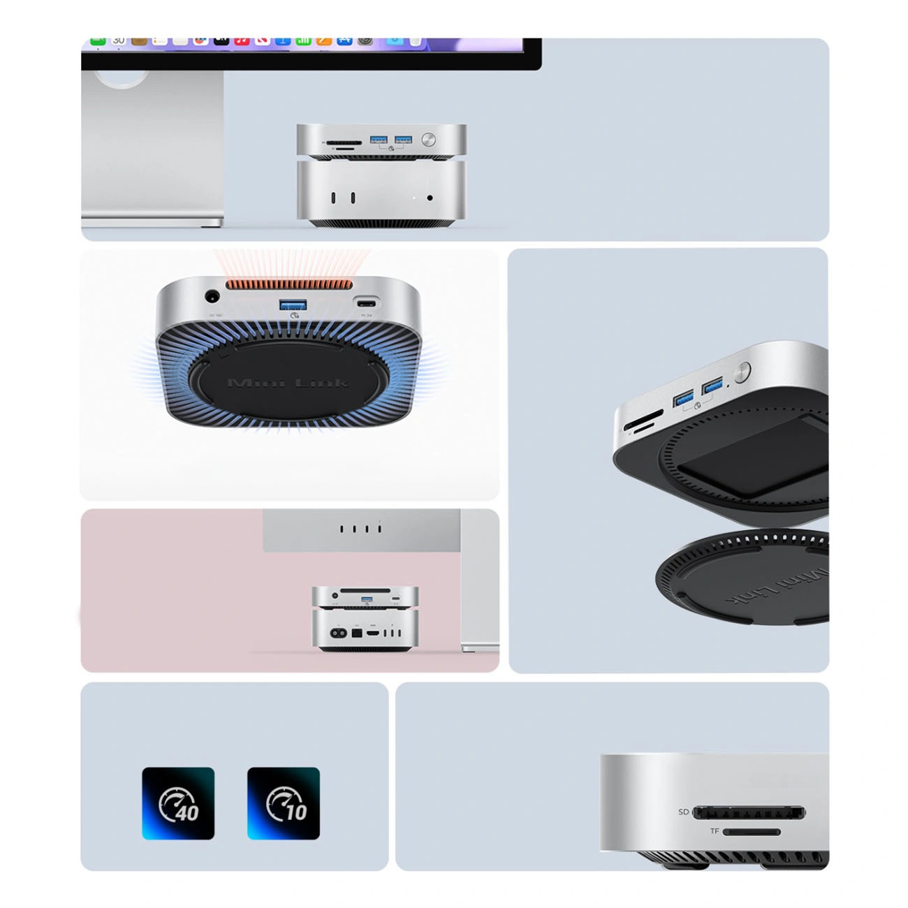Orico MiniLink M49P multifunctionele hub voor Apple Mac Mini M4, 9-in-1, Zilver
