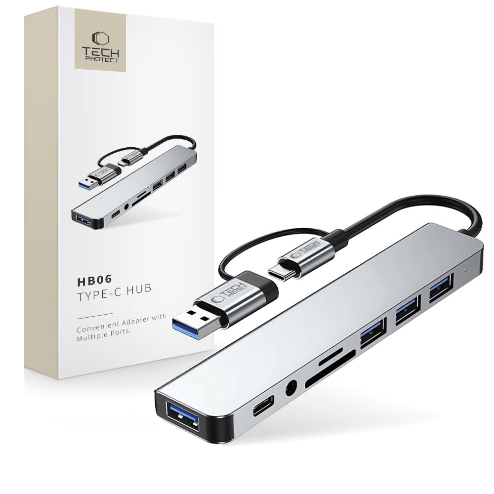Hub USB / USB-C Tech-Protect HB06, 2 x USB-A 3.0 - 2 x USB-A - 1 x USB-C - 1 x Jack 3.5mm - 1 x SD - 1 x microSD, Gri