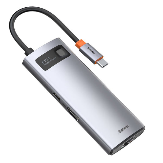 USB-C Hub Baseus Metal Gleam, 3 x USB-A 3.0 - 1 x USB-C - 1 x HDMI - 1 x RJ45, Grijs CAHUB-CW0G