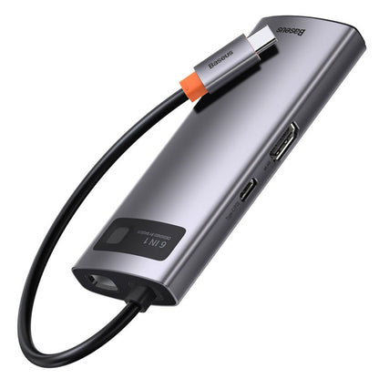 USB-C Hub Baseus Metal Gleam, 3 x USB-A 3.0 - 1 x USB-C - 1 x HDMI - 1 x RJ45, Grijs CAHUB-CW0G