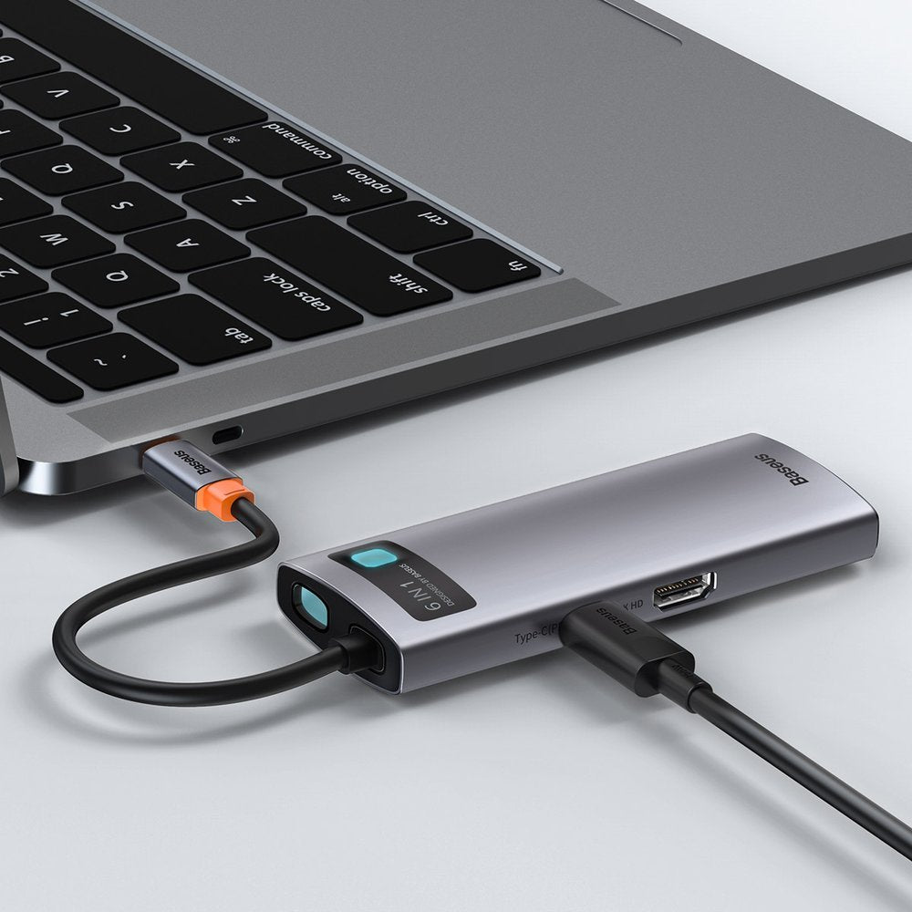 USB-C Hub Baseus Metal Gleam, 3 x USB-A 3.0 - 1 x USB-C - 1 x HDMI - 1 x RJ45, Grijs CAHUB-CW0G