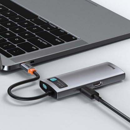 USB-C Hub Baseus Metal Gleam, 3 x USB-A 3.0 - 1 x USB-C - 1 x HDMI - 1 x RJ45, Grijs CAHUB-CW0G