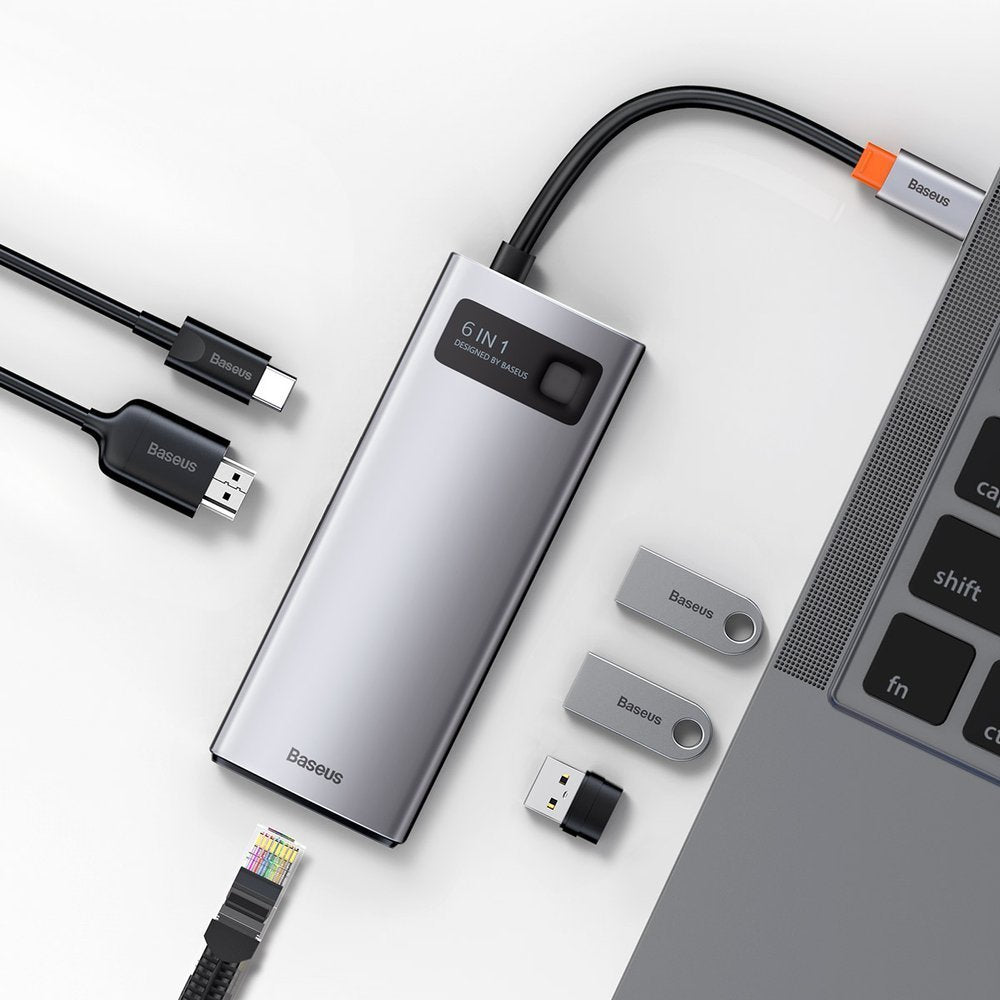 USB-C Hub Baseus Metal Gleam, 3 x USB-A 3.0 - 1 x USB-C - 1 x HDMI - 1 x RJ45, Grijs CAHUB-CW0G