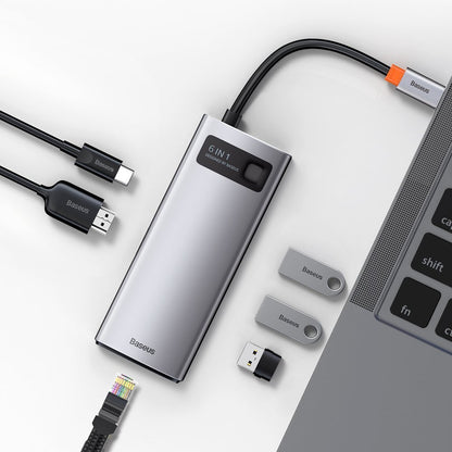 USB-C Hub Baseus Metal Gleam, 3 x USB-A 3.0 - 1 x USB-C - 1 x HDMI - 1 x RJ45, Grijs CAHUB-CW0G