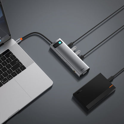 Hub USB-C Baseus Metal Gleam, 3 x USB-A 3.0 - 1 x USB-C - 2 x HDMI - 1 x VGA - 1 x Jack 3.5mm - 1 x RJ45 - 1 x SD - 1 x microSD, Gri CAHUB-CT0G