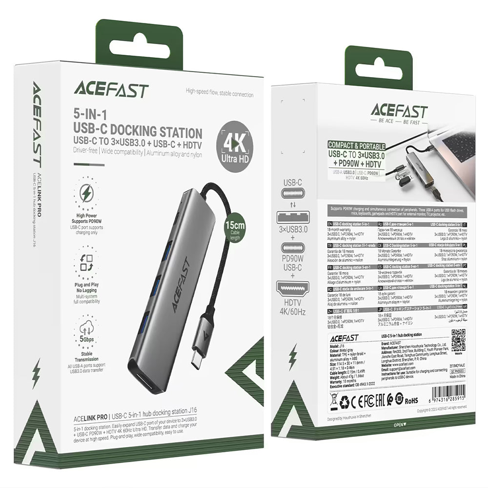 USB-C Hub Acefast J16, 5in1, Gri