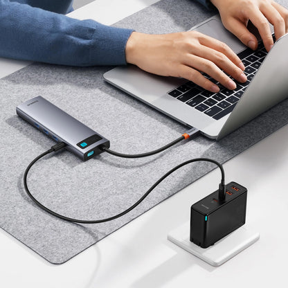 USB-C Hub Baseus Metal Gleam, 1 x USB-C - 3 x USB-A 3.0 - 1 x USB-A 3.0 - 1 x USB-A - 1 x HDMI - 1 x VGA - 1 x 3,5 mm aansluiting - 1 x RJ45 - 1 x SD - 1 x microSD, Grijs